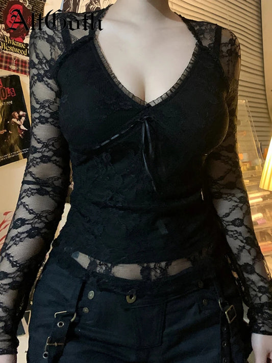 Goth Lace Sheer Patchwork Crop Top