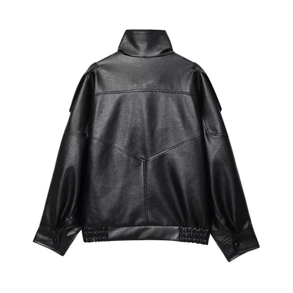 Women's Faux Leather Jacket – Loose Fit Stand Collar Winter Coat