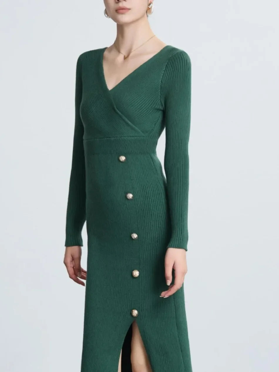 VeltriKnit V-Neck Maxi Sweater Dress