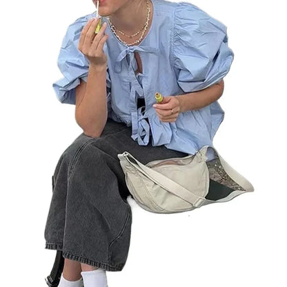 Striped Bow Puff Blouse