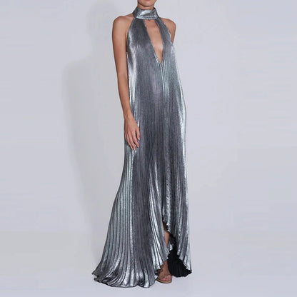 Gilded Glow Halter Swing Dress