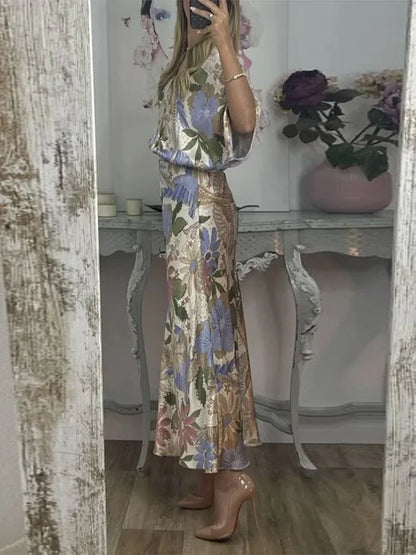 Sophisticated Printed V-Neck Skirt Set