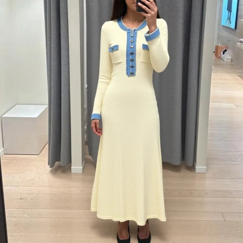 Slim Swing Maxi Dress — Knitted Denim Long Sleeve