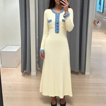 Slim Swing Maxi Dress — Knitted Denim Long Sleeve