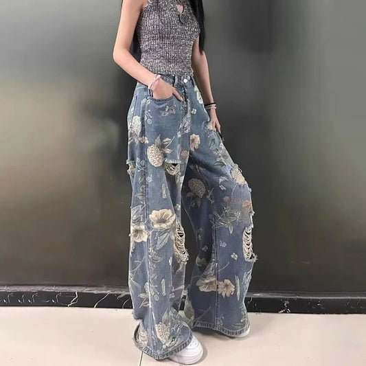 Vintage Floral Ripped Wide Leg Jeans