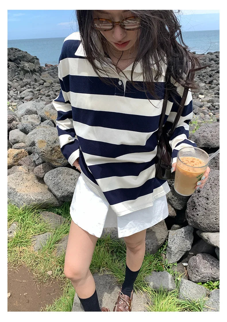 Loose Fit Striped Polo Sweatshirt