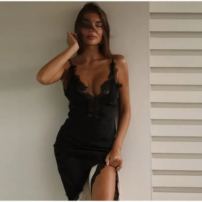 Satin Glow Lace Splice Dress