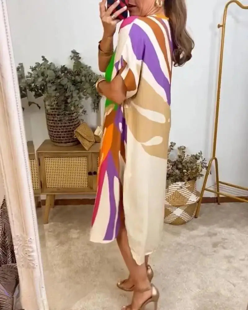 Printed V Neck Loose Summer Dress