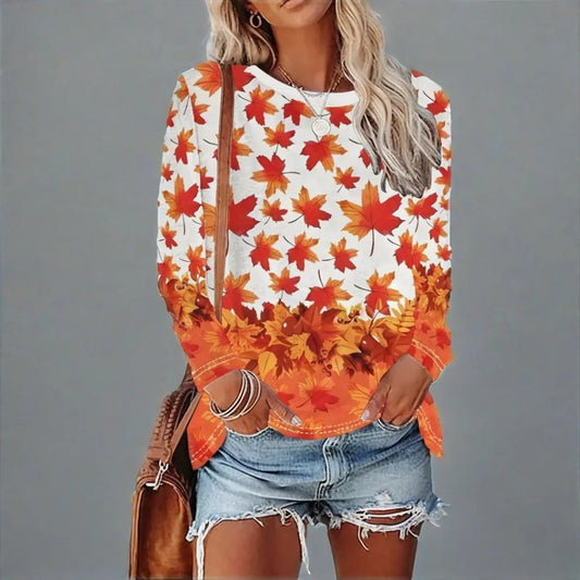 Four Seasons Floral Maple Leaf Long Sleeve T-Shirt