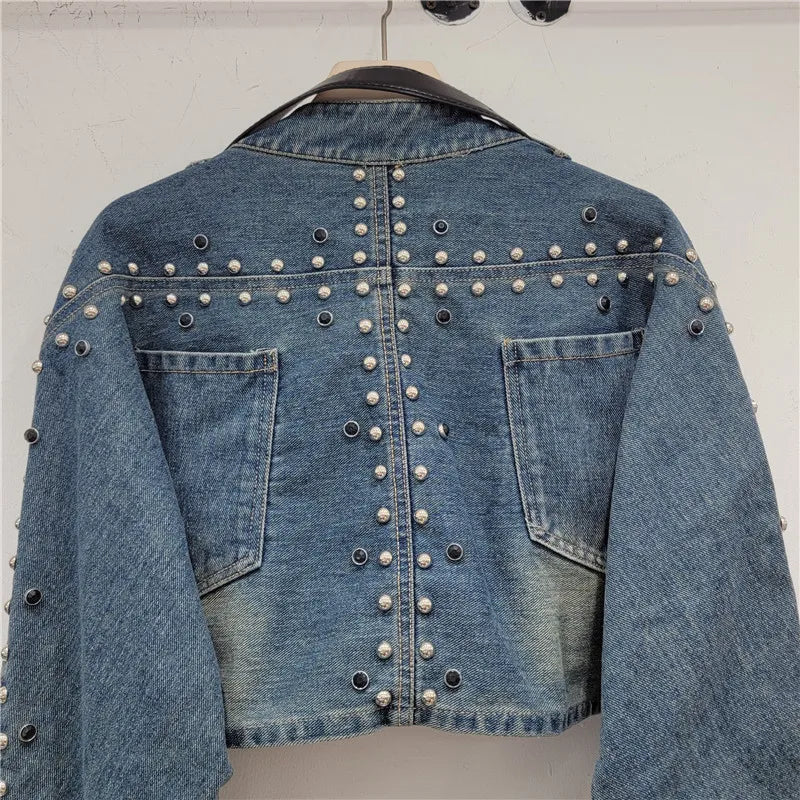 Edge Craze Rivet Patchwork Denim Jacket