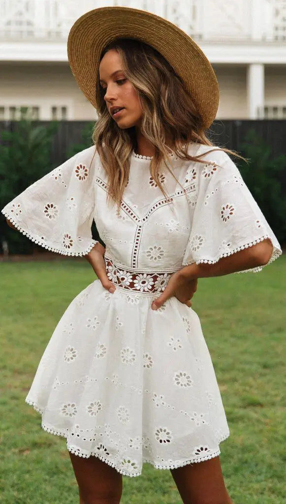 Embroidered Bloom Backless Cotton Dress