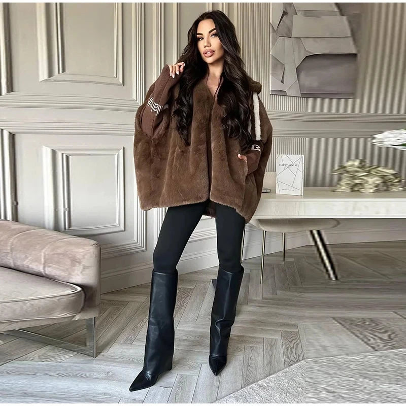 Women’s Knitted Patchwork Faux Fur Short Coat