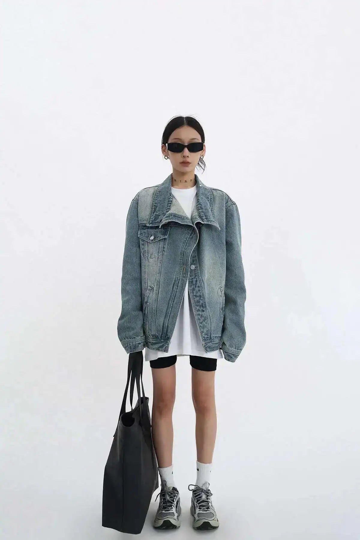 Denim Charm Patchwork Turtleneck Coat