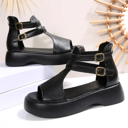 Retro Leather Wedge Sandals