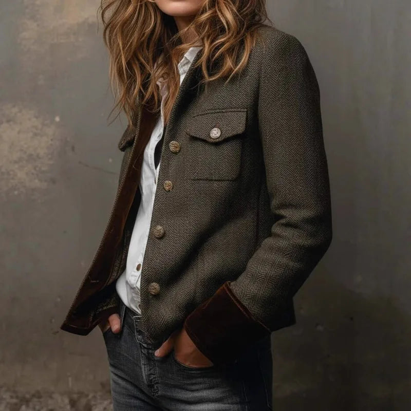 Women’s Retro Herringbone Tweed Blazer with Velvet Trim