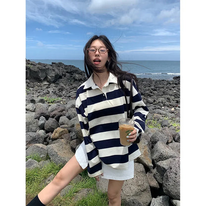 Loose Fit Striped Polo Sweatshirt