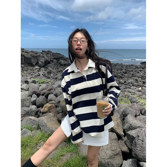 Loose Fit Striped Polo Sweatshirt