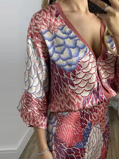 Sophisticated Printed V-Neck Skirt Set