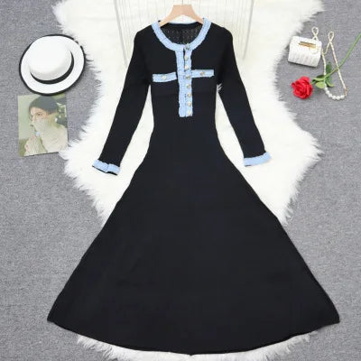 Slim Swing Maxi Dress — Knitted Denim Long Sleeve