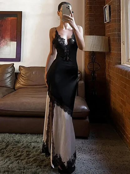 Satin Glow Lace Splice Dress