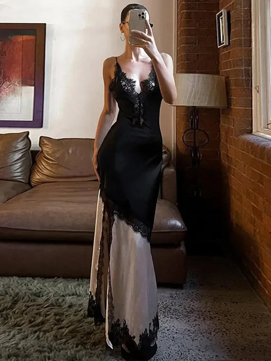 Satin Glow Lace Splice Dress