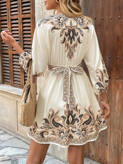 Golden Breeze V-Neck Tie Dress