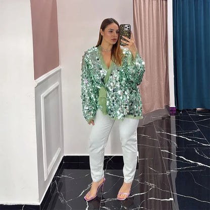 Sequin Lace-Up V-Neck Cardigan