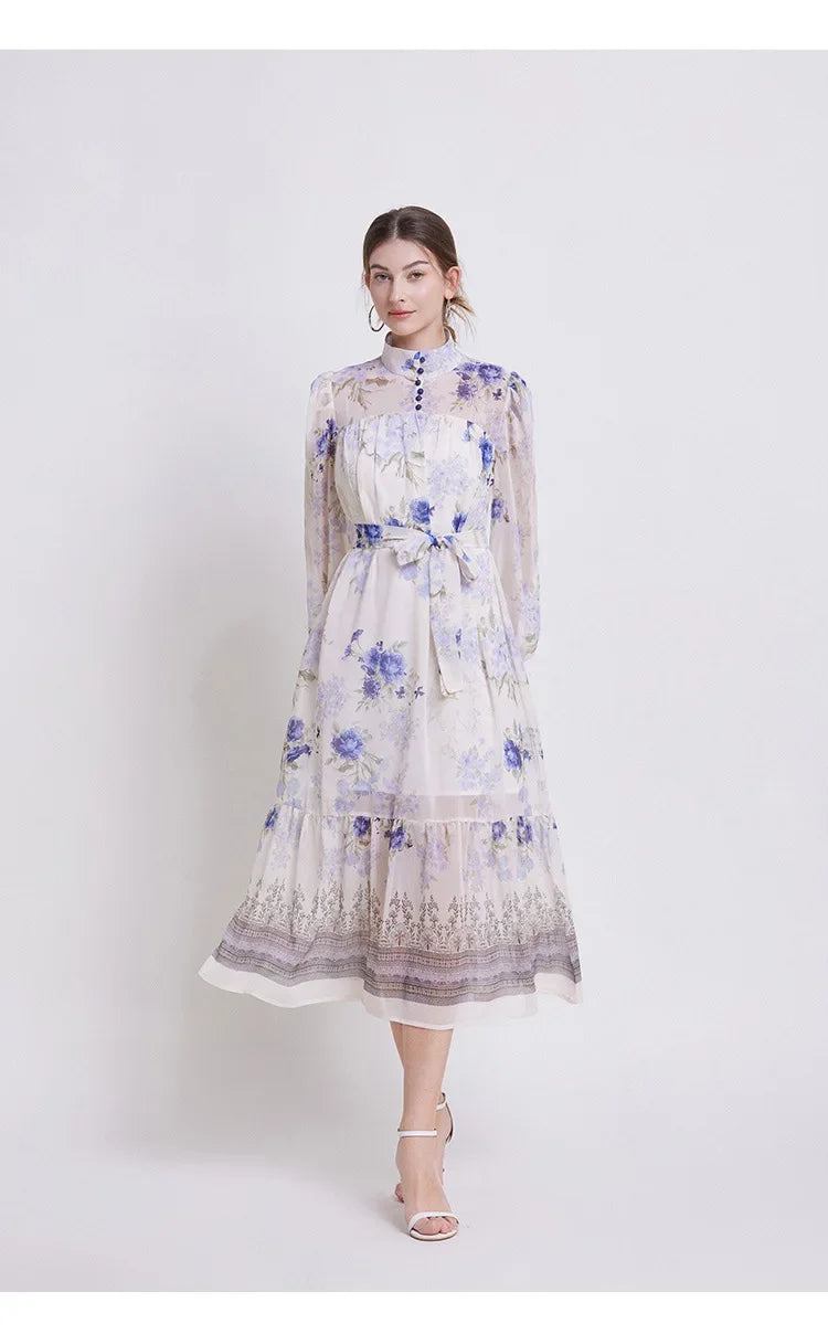 Floral Chiffon Waist Cinching Dress