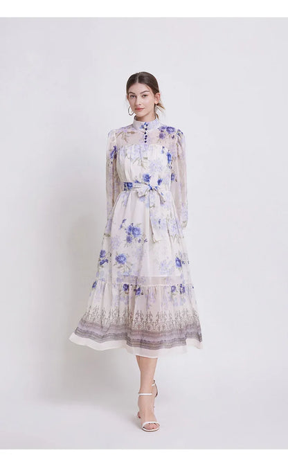 Floral Chiffon Waist Cinching Dress