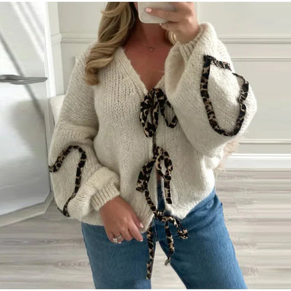 Leopard Lace-Up V-Neck Cardigan
