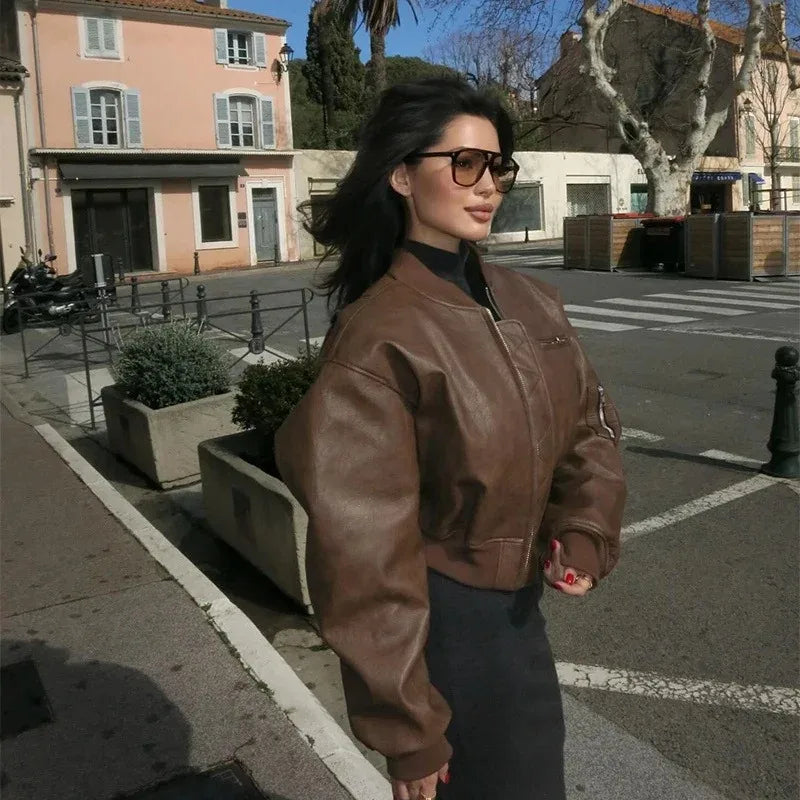Vintage O-Neck Leather Jacket