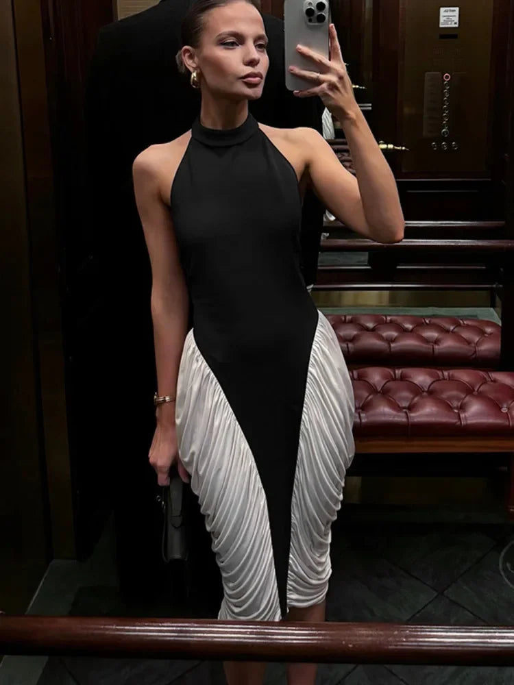Elegant Patchwork Halter Midi Dress