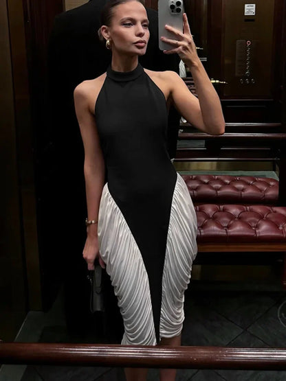 Elegant Patchwork Halter Midi Dress