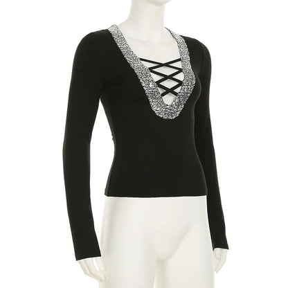 Glam Splice Sequin V-Neck Slim Top