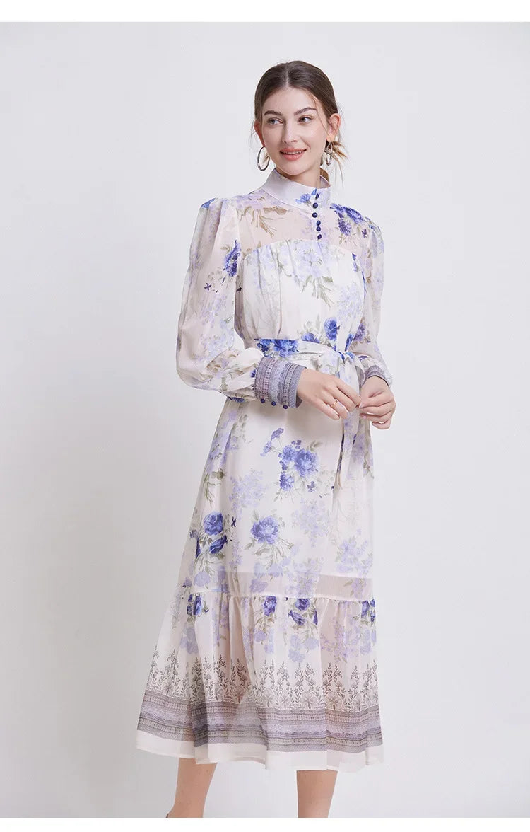 Floral Chiffon Waist Cinching Dress
