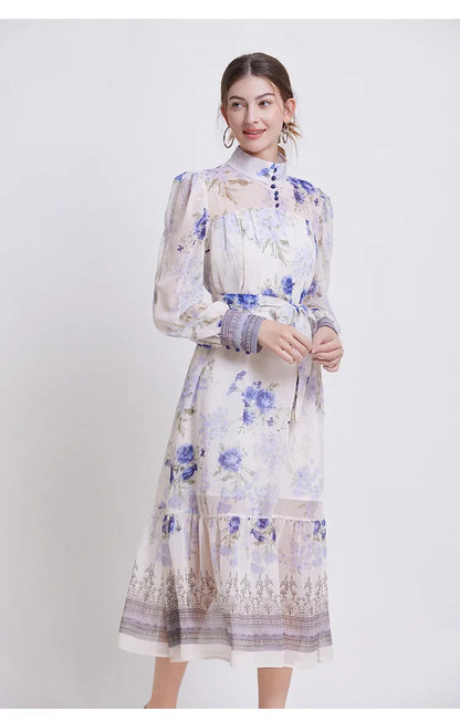 Floral Chiffon Waist Cinching Dress