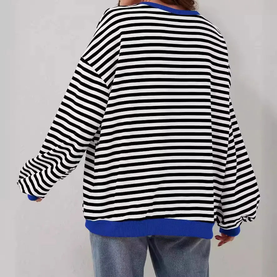 Women's Striped Crew Neck Long Sleeve Pullover Sweater for Fall/Winter Homewear
