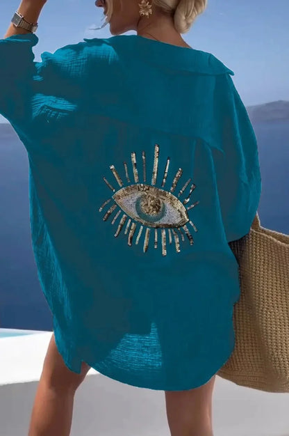 Sequin Eye Lapel Beach Shirt