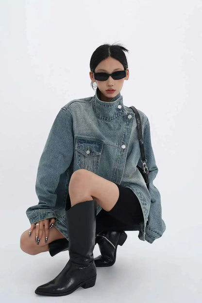 Denim Charm Patchwork Turtleneck Coat