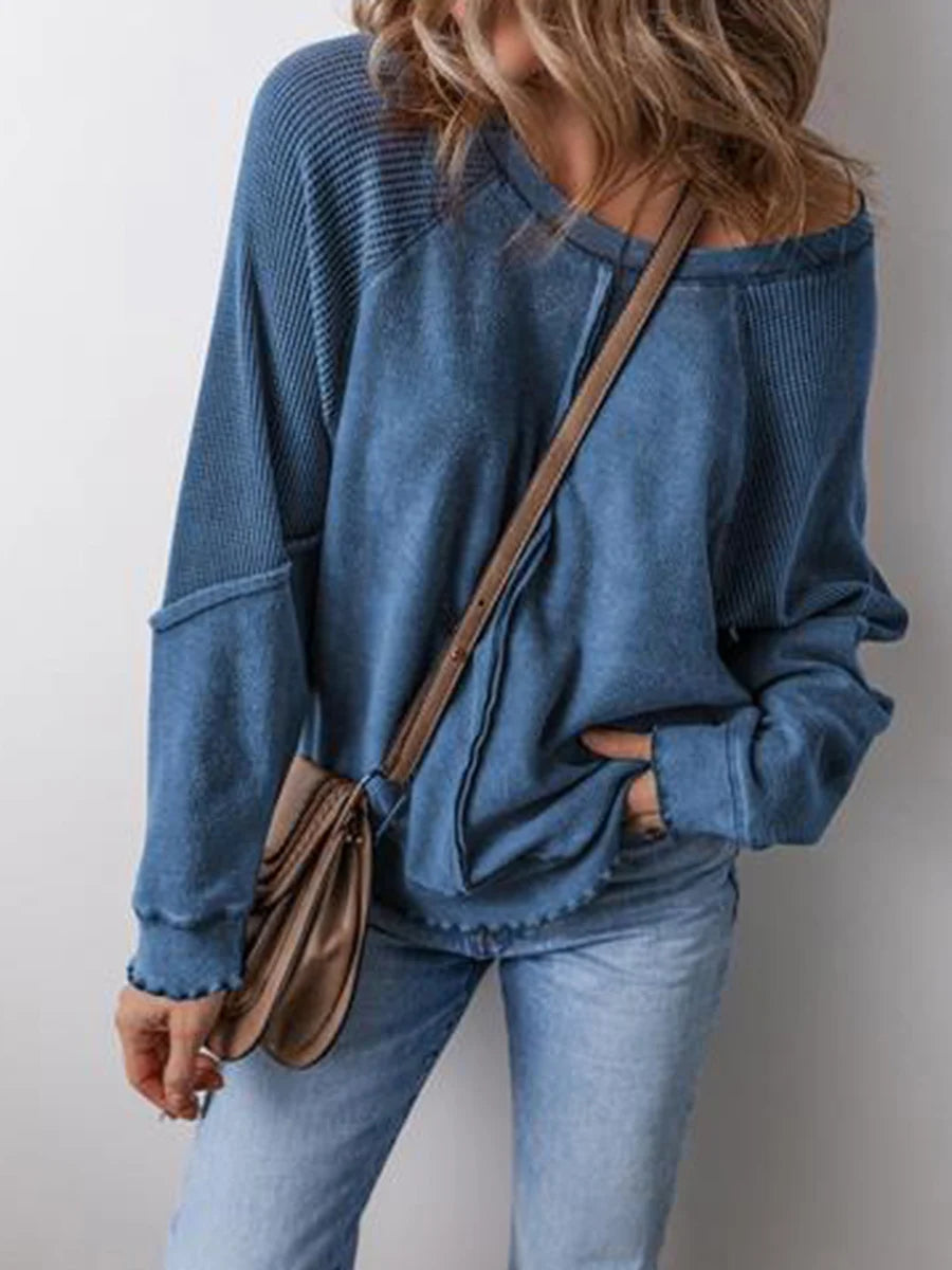 Patchwork Charm Waffle Knit Pullover