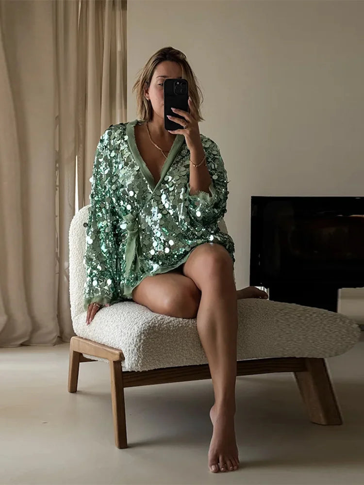 Sequin Lace-Up V-Neck Cardigan