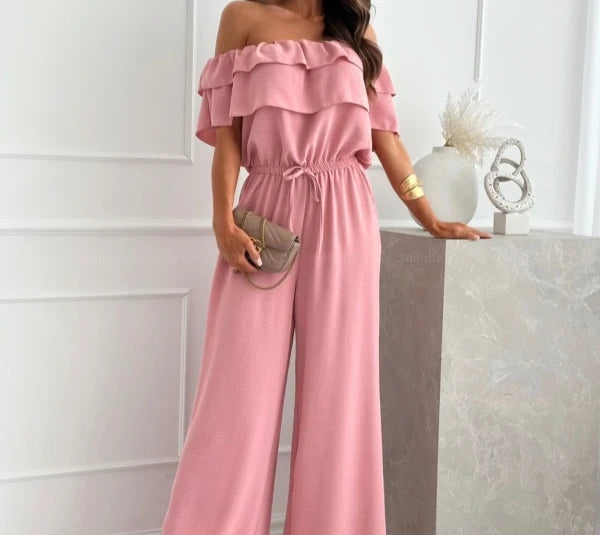 Off-Shoulder Frill Hem Jumpsuit