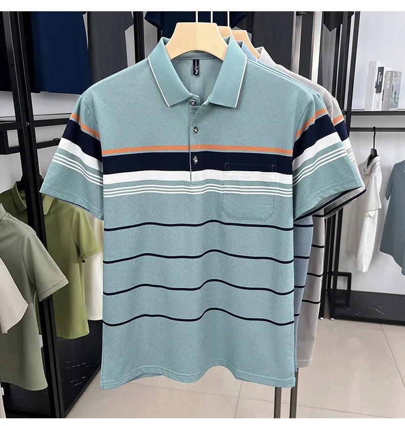 Luxury Color-Block Striped Polo Shirt