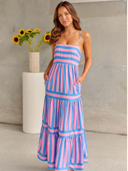 Chic Striped Tiered Midi Slip Dress