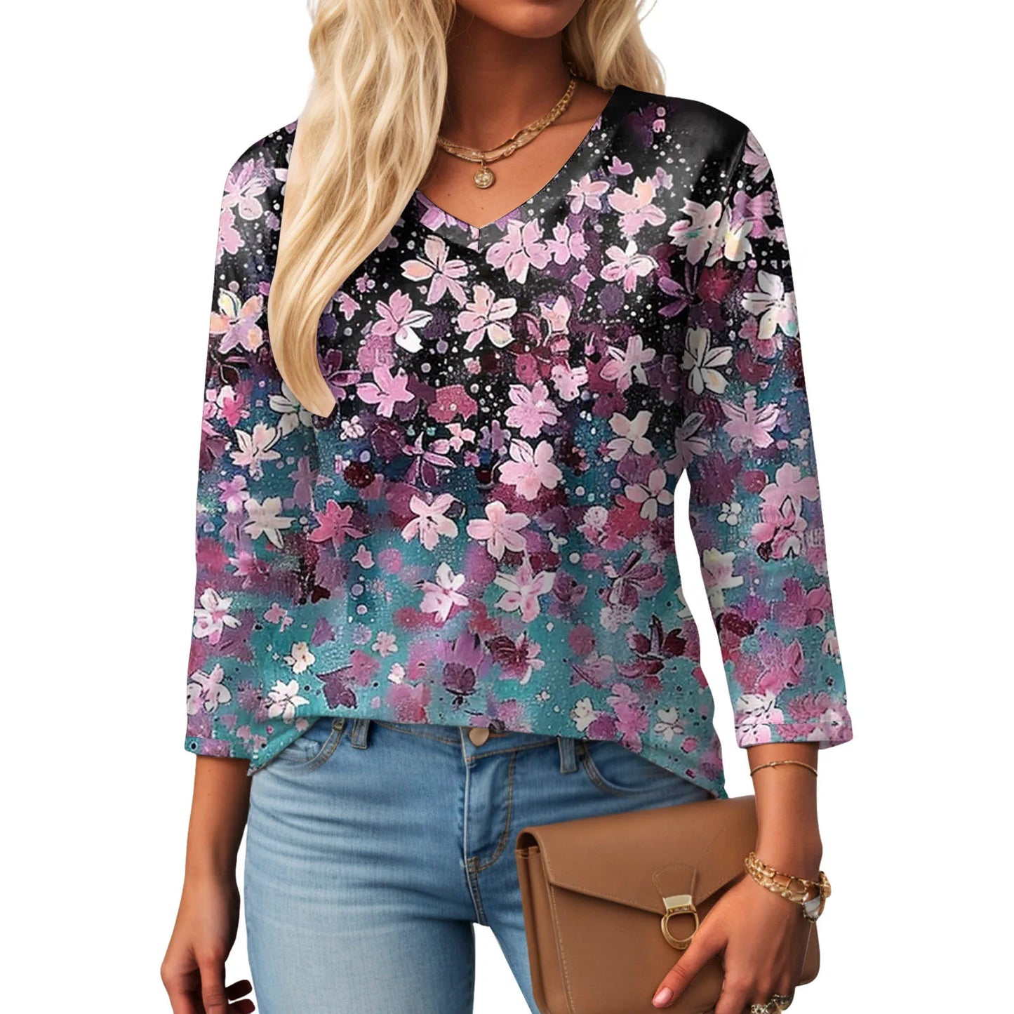 Casual V-Neck Floral Tee