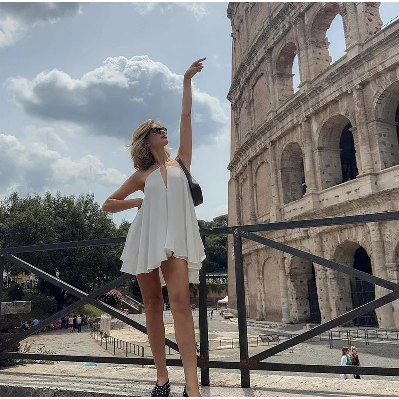 Chic Backless Pleated Tie Mini Dress