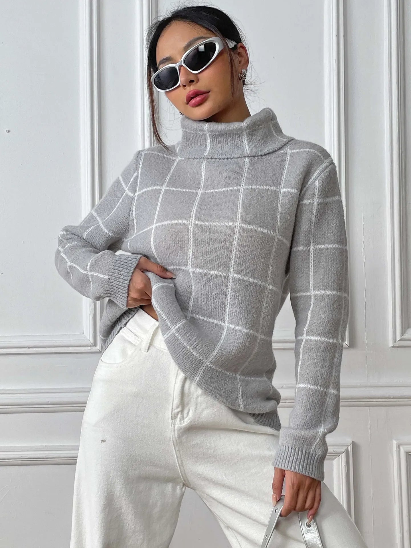 Plaid Muse Turtleneck Knit Sweater