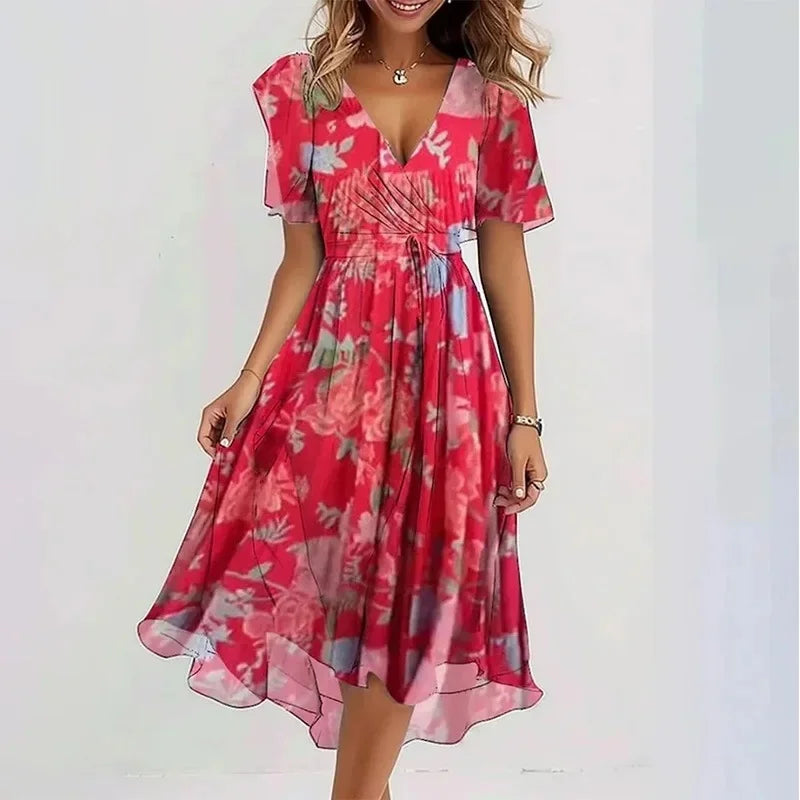 Printed V-Neck Knee Dress