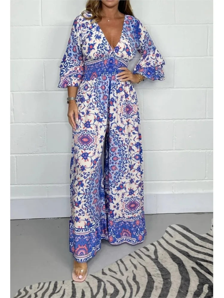 V-Neck Printed Short Jumpsuit