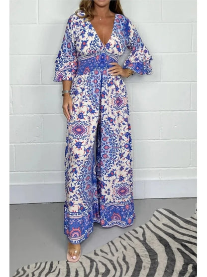 V-Neck Printed Short Jumpsuit